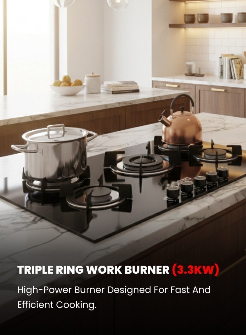 أوجيرا موقد غاز مدمج 5 في 1 مع شعلة حلقة ثلاثية، سطح زجاج مقوّى، متوافق مع غاز LPG، دعامات أواني من الحديد الزهر، مقابض معدنية | ضمان لمدة سنتين - Image 3